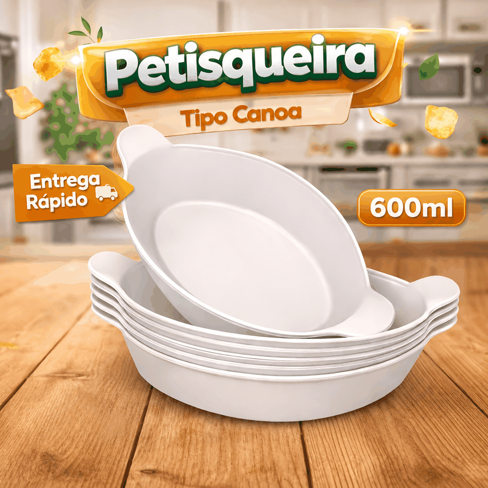 Kit com petisqueiras brancas tipo canoa sobre uma mesa de madeira